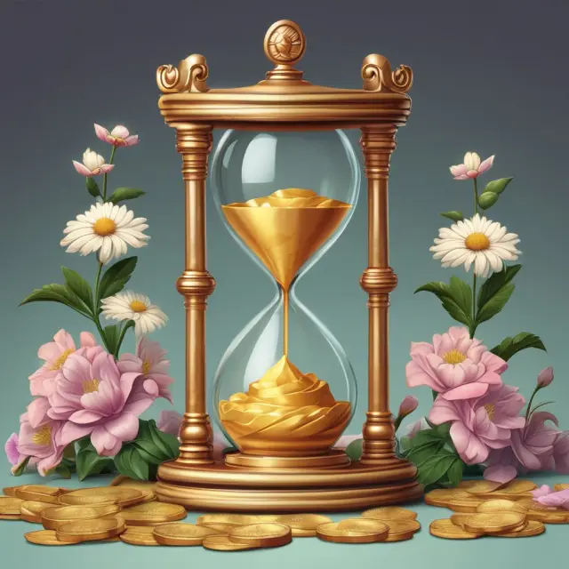 An hourglass adorned with a golden coin at the top and blooming flower stocks below, representing ordinary annuities providing interest payments and quarterly dividends.