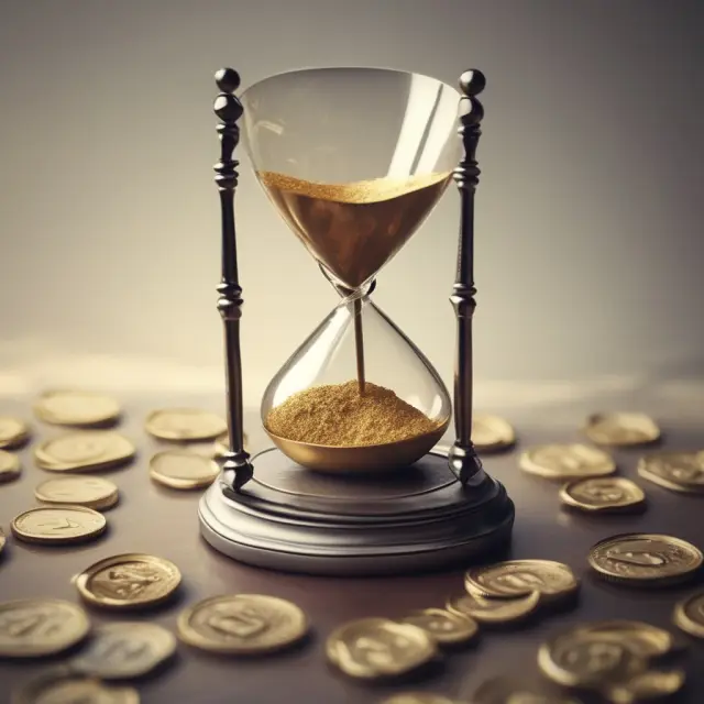 Comparative image of golden ordinary annuity coin and silver annuity due hourglass. Illustrates payment timing differences.