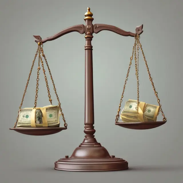 A set of scales balanced on a desk with gold coins representing revenue flowing from one side and weights symbolizing costs on the other