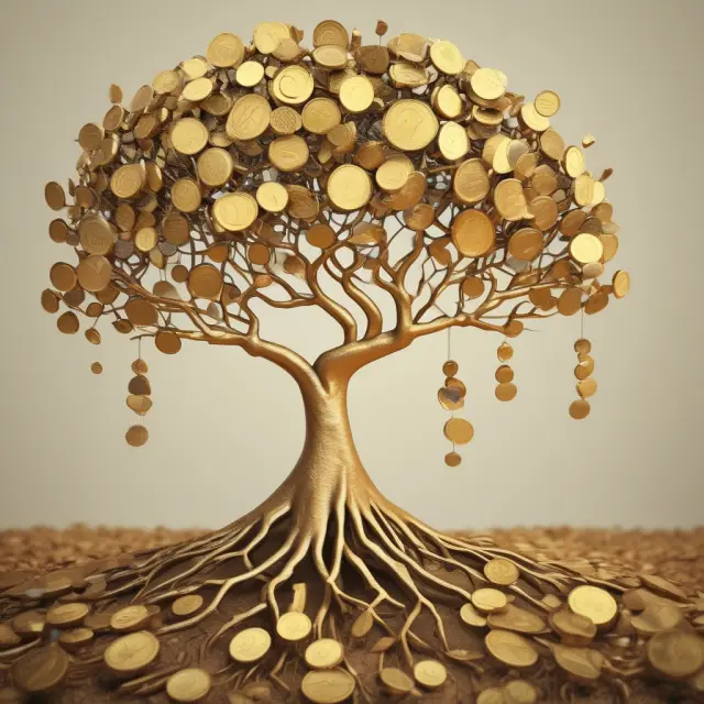 Golden coins symbolizing interest income growing from a financial tree, with taxation branches overhead
