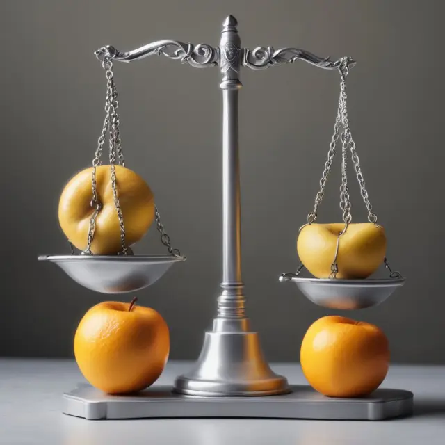 Golden apples represent unqualified dividends, while silver oranges signify qualified dividends and long-term capital gains on a balance scale.