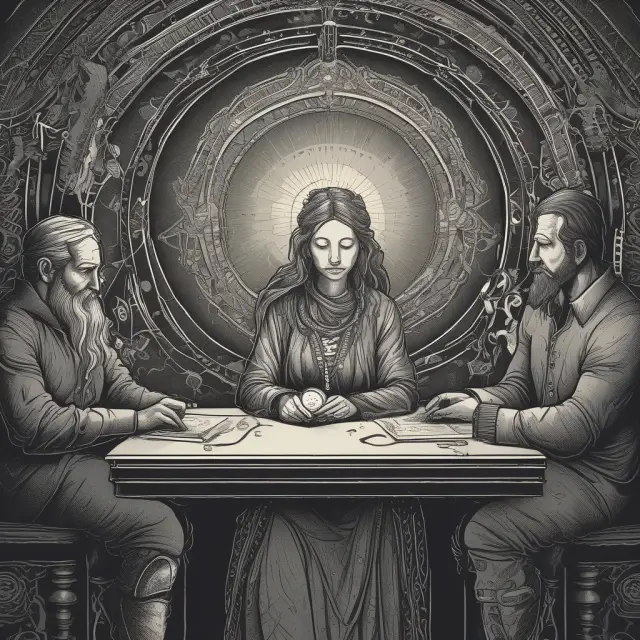 An ancient oracle sitting on a throne, surrounded by investors seeking knowledge about the intricacies of ordinary shares
