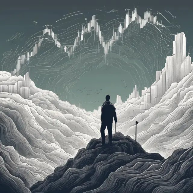 An investor scrutinizing financial reports and economic trends on a mountainside, surrounded by sentiments represented as waves