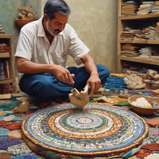 An artisan meticulously constructs a grand mosaic using various ordinary share pieces, illustrating long-term wealth growth achieved through participation and embracing financial risk