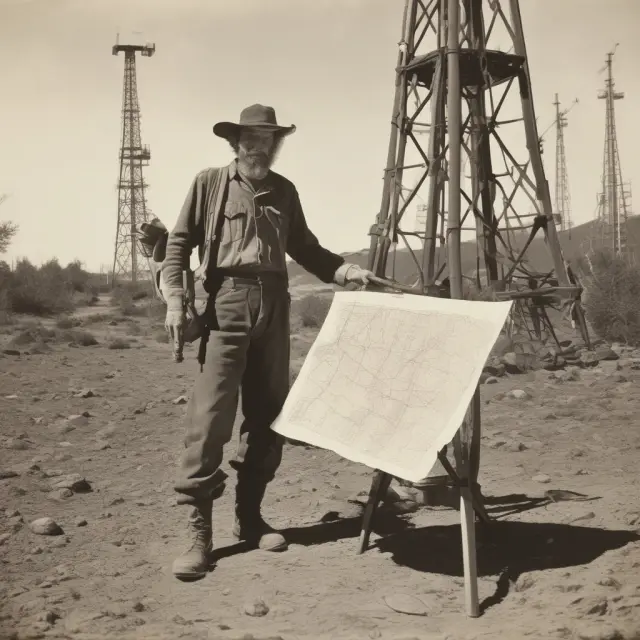 A prospector examines a geological map and points to a new organic reserve discovery, with a nearby oil derrick drilling into the ground