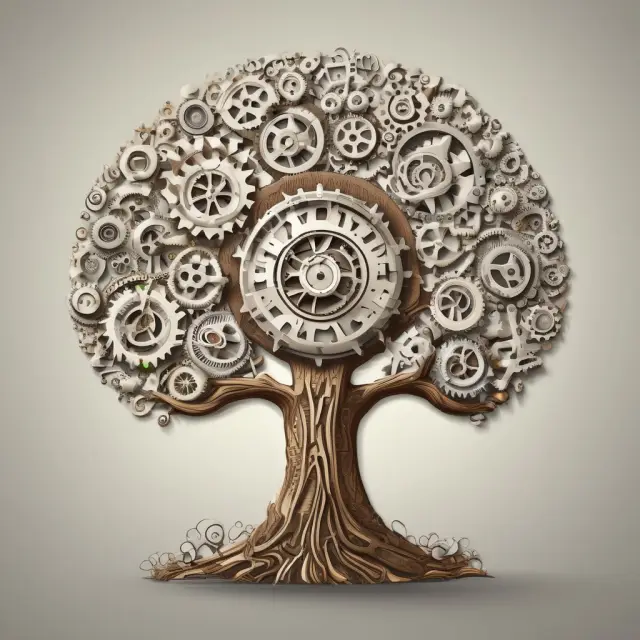 An image of optimized gears branching out as a tree, representing the concepts of process optimization, resource reallocation, and new product offerings within organic growth strategies.