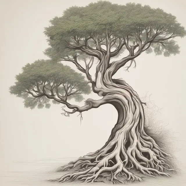 A scaling tree with entwined roots and shoots symbolizing organic growth