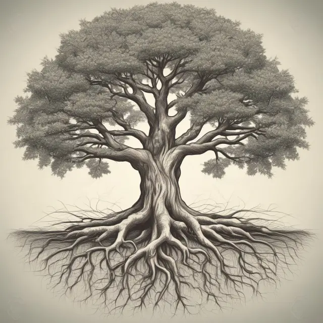 A growing tree represents business growth with its organic roots symbolizing internal expansion and inorganic branches symbolizing external growth.