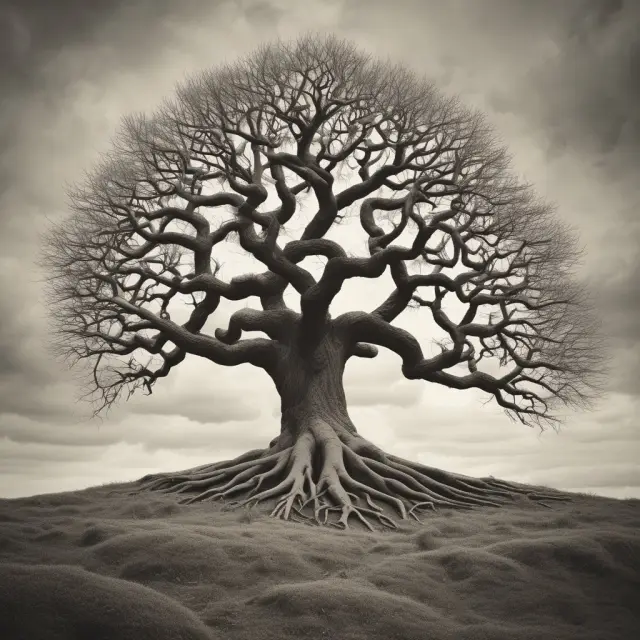 Tree symbolizing organic (intertwining branches) and inorganic (new sprouts from roots) growth, representing the balance between internal expansion and external acquisitions