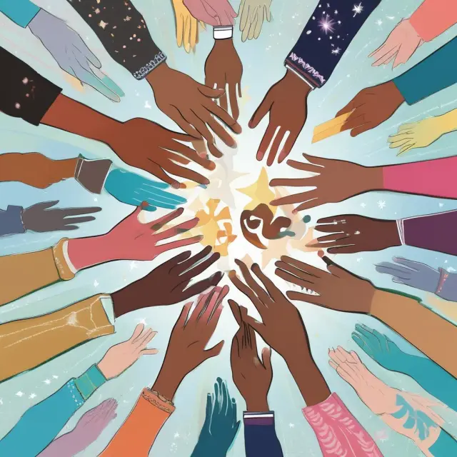 An image of interconnected hands forming a constellation representing agriculture, energy, environment, education, health, and tourism sectors