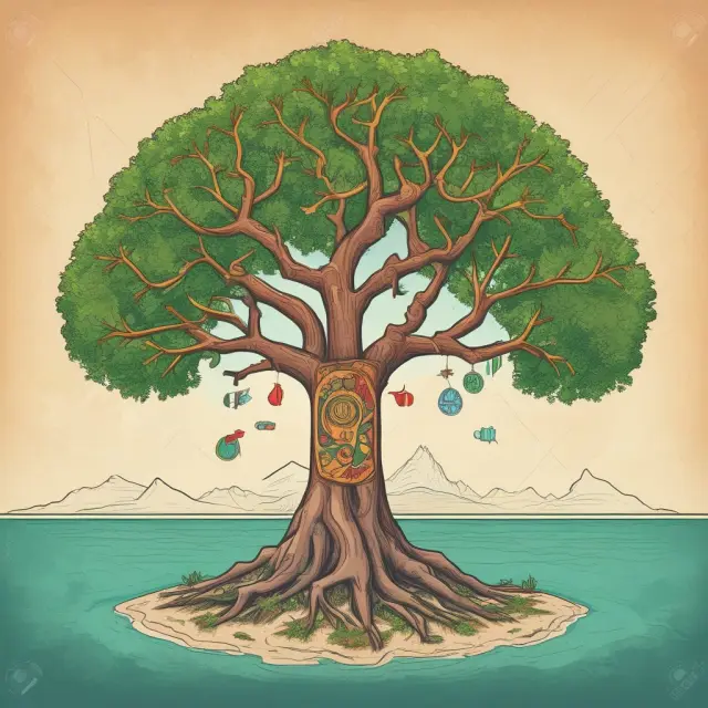 A diverse group of islands forming a strong unity through a single tree, representing the Eastern Caribbean Dollar