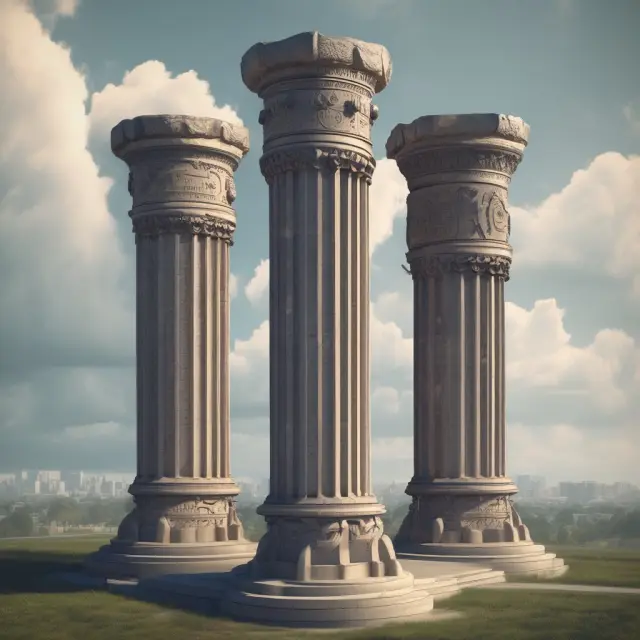 Five interconnected pillars symbolizing the ECCB, Supreme Court, Civil Aviation Authority, and Telecommunications Authority supporting the unity of the OECS
