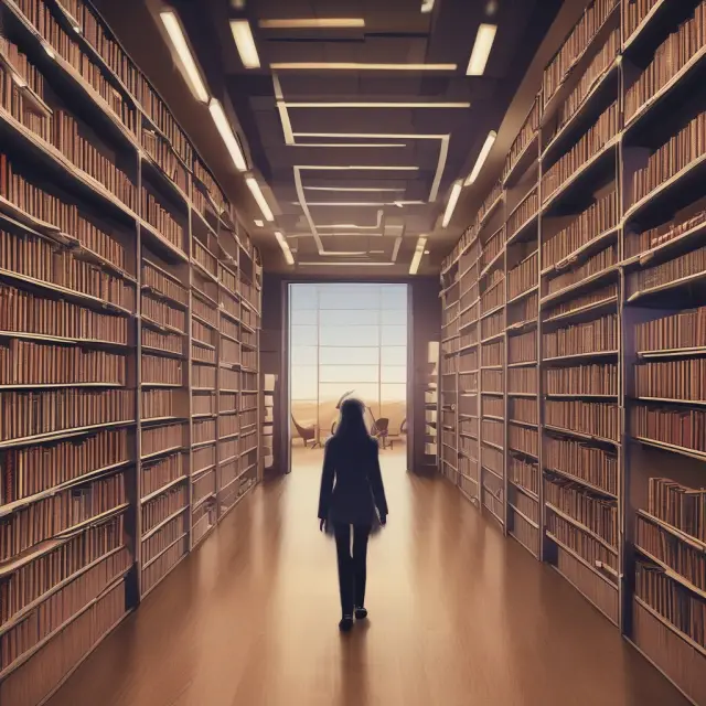 Person entering a library filled with books on HR functions and Organizational Behavior