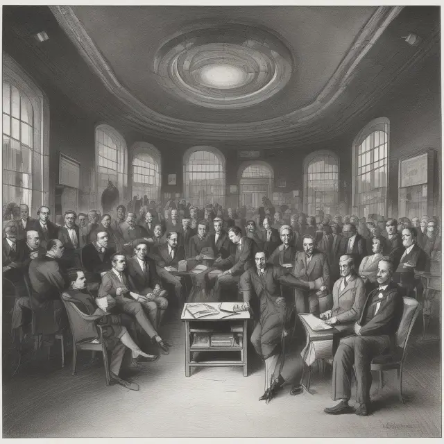 A time capsule opening up, displaying a series of images representing the Hawthorne Studies, human relations approach, evolution, and current trends in organizational behavior research