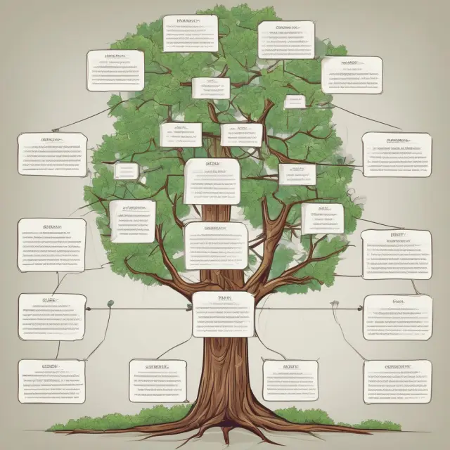 An image of an organizational chart displayed as a tree, illustrating various positions and their connections through branches to represent job titles and reporting relationships within a company.