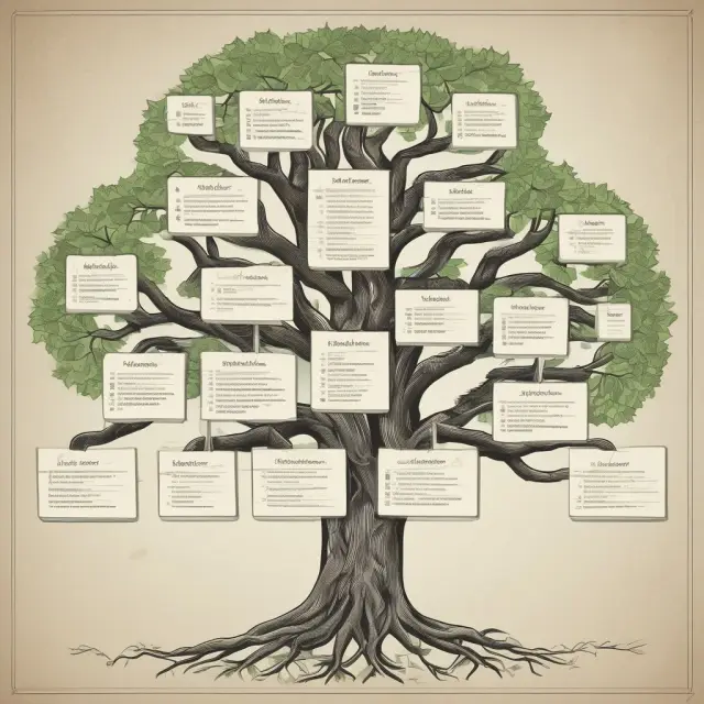 Visualization of a hierarchical org chart represented by a tree with roots for stakeholders, branches for departments, and leaves for employees