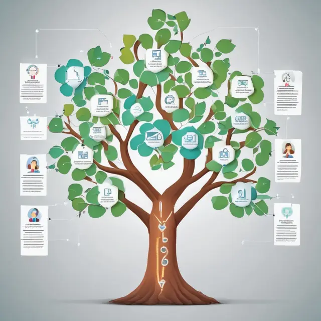 An interactive org chart adorned with AI symbols sprouting branches, symbolizing growth through technology and innovation