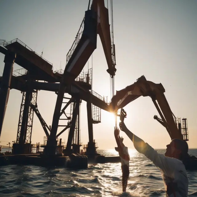 Two parties shaking hands on an oil rig, representing the relationship between principals and agents in organizational economics with information asymmetries