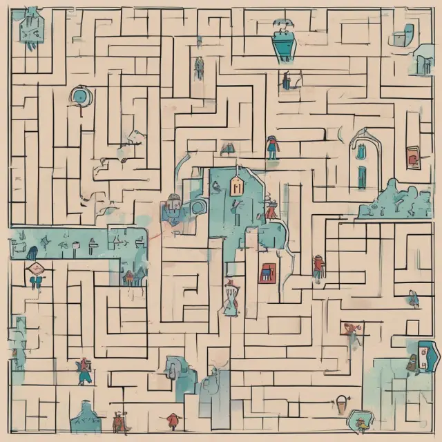 An intricate maze symbolizing organizational structures intertwined with transaction cost components - information, bargaining, contract enforcement, and relationship-specific investments.