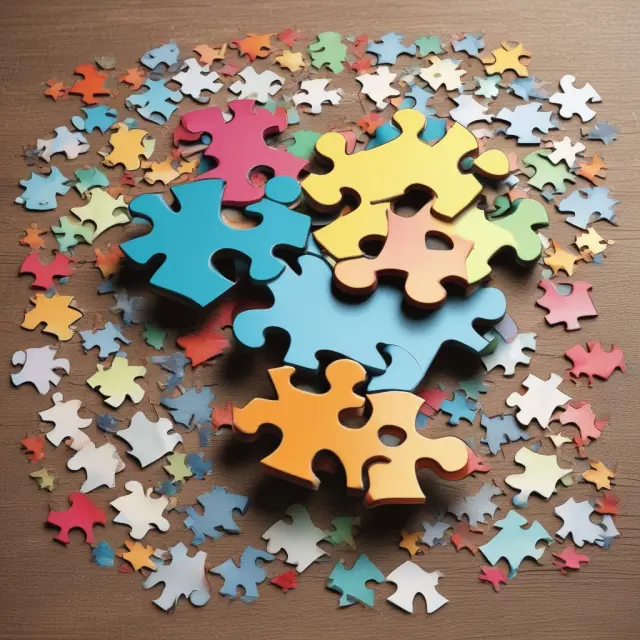 A jigsaw puzzle illustrating property rights in organizational economics: interconnected pieces depicting ownership and use rights forming an organization