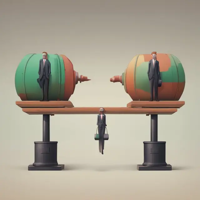 A visualization of principal-agent dynamics in organizational economics: BP (principal) and Transocean (agent) on a seesaw with oil barrels representing information balance