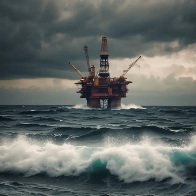 An oil rig navigating stormy waters amidst incomplete property rights contracts
