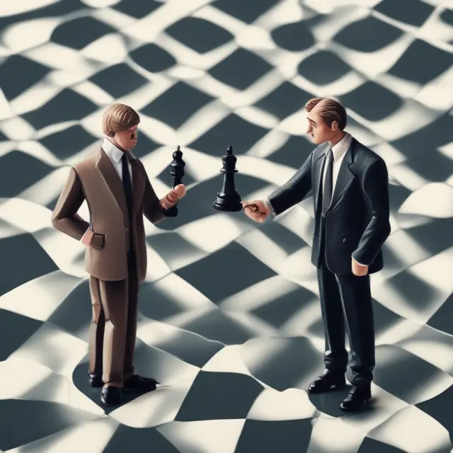 Image of two figures representing principals and agents sharing data on a see-through chessboard, demonstrating the importance of transparency in principal-agent relationships.