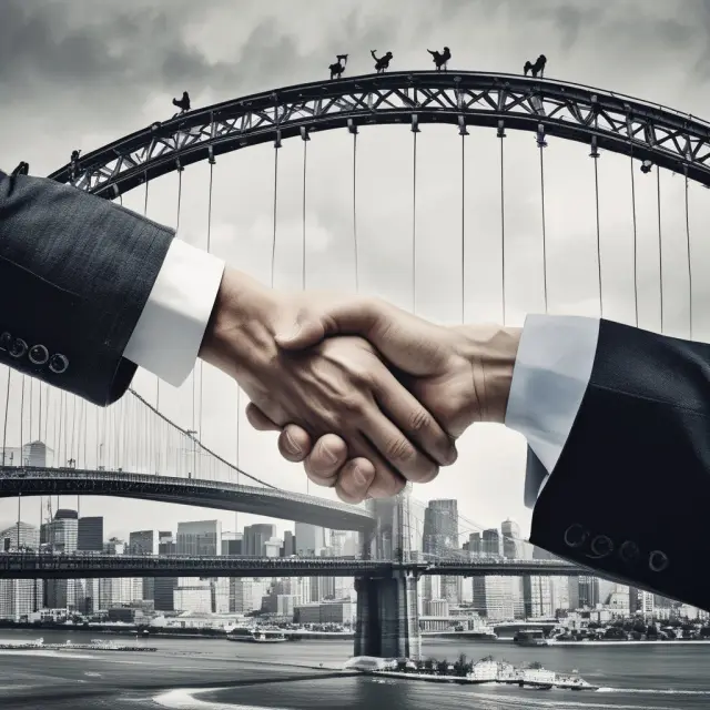 Hands shaking over a bridge symbolizing trust and effective contract negotiations in the context of transaction cost economics