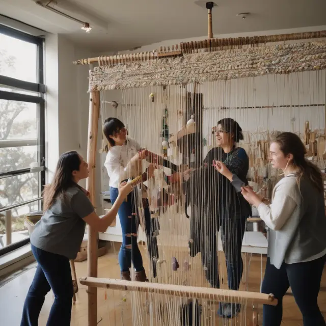 Teams collaborating on a tapestry, symbolizing effective teamwork and organizational flexibility
