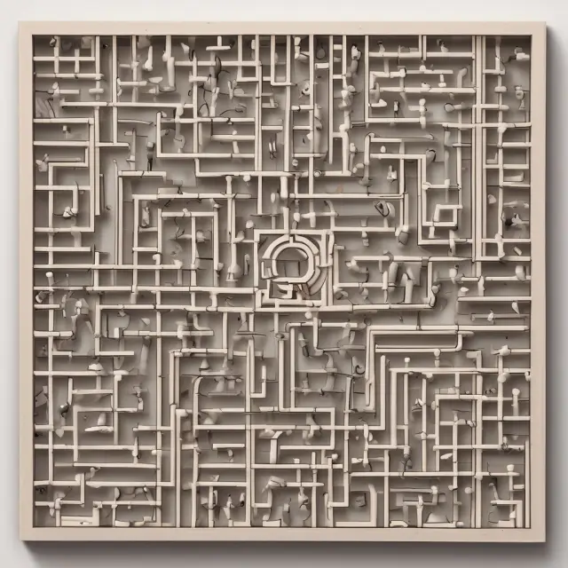 A labyrinthine matrix representing a complex organizational structure where departments and teams interconnect