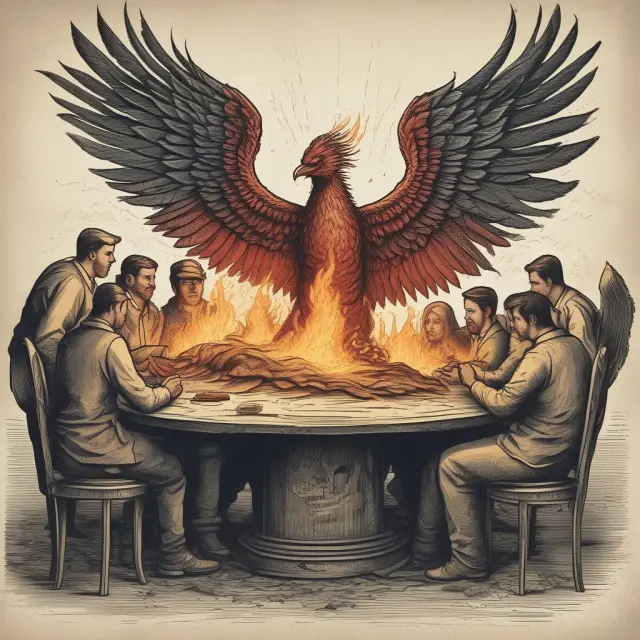 A group of workers united at a table, symbolizing union formation. The phoenix represents the power and rebirth of organized labor.