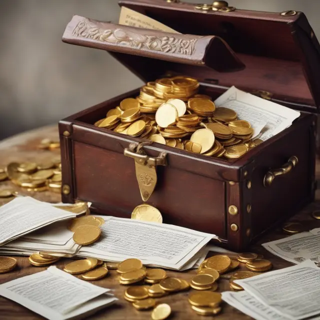 Golden treasure chest brimming with coins and papers, representing the essential concept of original cost in accounting