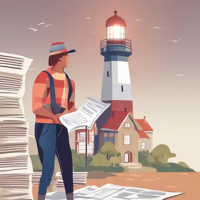 Borrower navigating paperwork in a sea of documents, guided by a lighthouse symbolizing loan eligibility