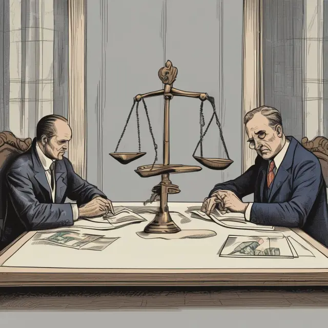 Image of a borrower and lender sitting at a table, discussing origination point fees. Origination points are depicted as a set of scales, representing the balance of power in negotiations.