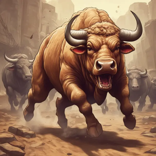 Orphaned blocks: Miners racing to validate transactions on the Bitcoin blockchain. Bulls symbolizing miners creating blocks discarded due to longer chains.