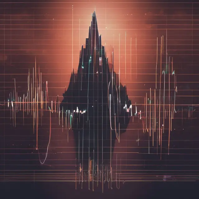 A whimsical scene of four oscillator figures - Stochastic Oscillator, RSI, ROC, and MFI - gracefully performing on a stage, with each figure revealing intricate market patterns
