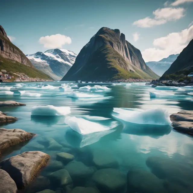 Norwegian fjord scene illustrating Oslo Stock Exchange eligibility criteria (icebergs) and disclosure requirements (clear waters)