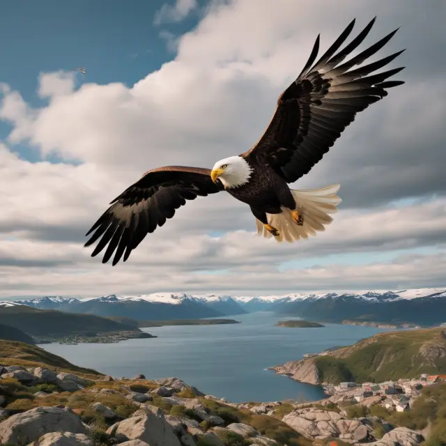 An eagle flies over a landscape of buildings and factories representing various Norwegian industries, with the OBX index logo in the foreground