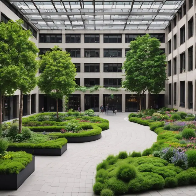 Four vibrant gardens symbolizing Oslo Axess, Merkur Market, Nordic ABM, and Oslo Connect, each nurturing various markets under the Oslo Stock Exchange umbrella