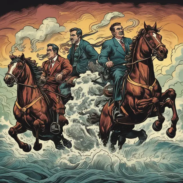 A chaotic scene of four horsemen atop a wild financial rollercoaster, symbolizing penny stocks, shell companies, distressed companies, and dark pools on the Pink Open Market.