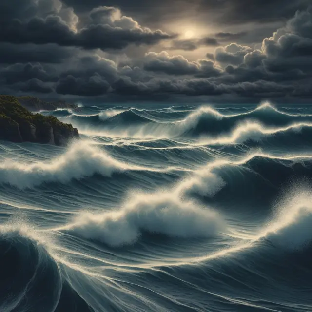 Visualization of OTC market risks: volatility waves, hidden transparency cloud, and fraudulent rock formations.