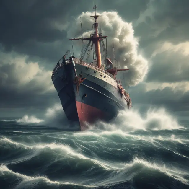 A financial tsunami crashing onto an unanchored ship in OTC markets, representing the unpredictable risks and potential consequences of counterparty defaults.