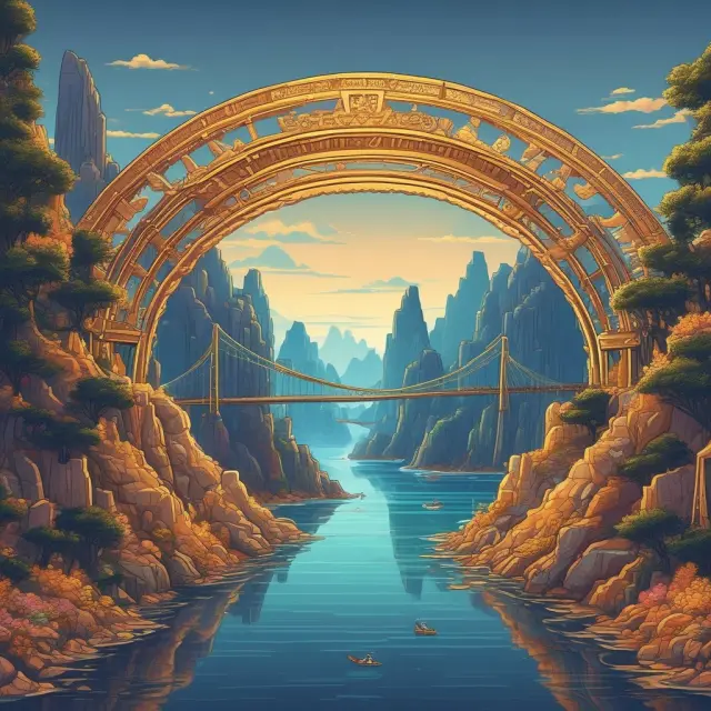 A golden bridge connecting various blue-chip companies representing the OTCQX marketplace, symbolizing the transparency and global access to quality stocks