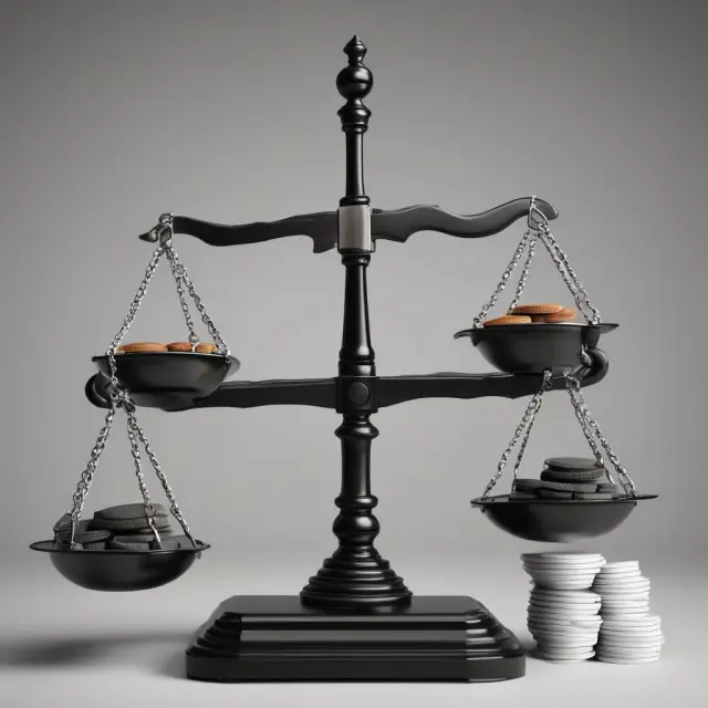 A banker carefully considering the sale of Other Real Estate Owned (OREO) properties while weighing the pros and cons on a scale