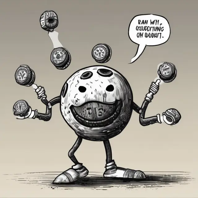 A banker skillfully juggling orbs symbolizing Other Real Estate Owned assets while maintaining balance between liquidity and credit rating.