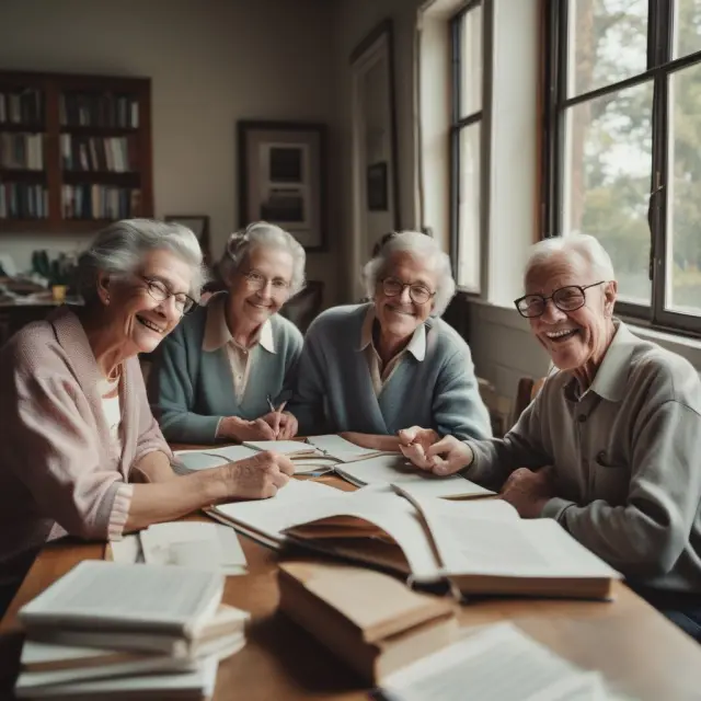 Seniors studying various benefits for dental, vision care, legal services, and tuition during retirement planning