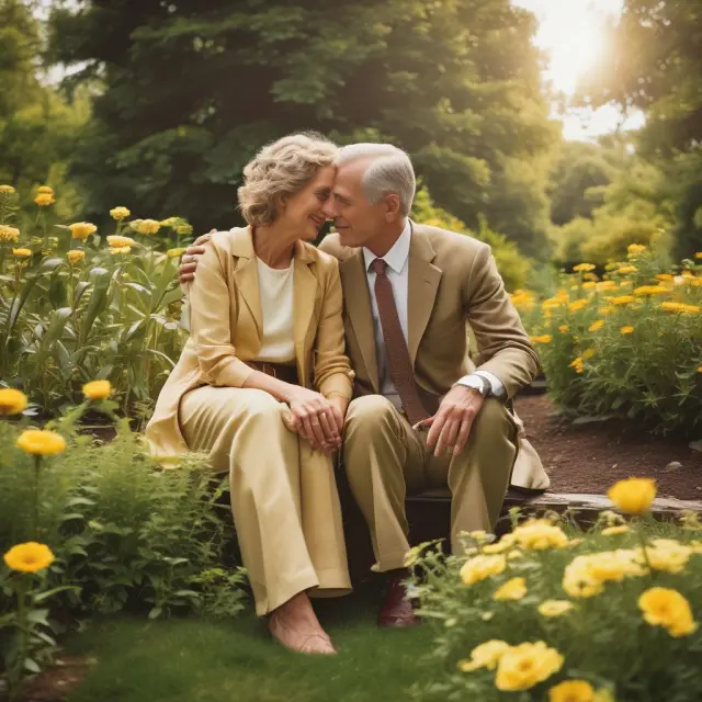 A golden couple sits amongst flowers representing retirement benefits. They discuss and weigh potential extension to their spouse and dependents.