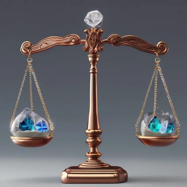 A balanced scale displaying current assets as various precious gems (cash, securities, inventory, accounts receivable), and other current assets as unique crystals