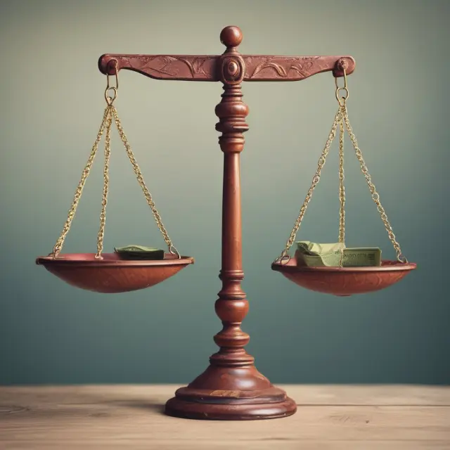 Two scales balanced with gold coins representing current assets and silver coins as other current liabilities, illustrating their relationship in a business