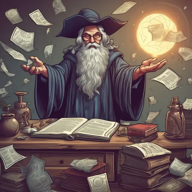 An accounting wizard performing a magical ritual to combine and classify assorted short-term debts into